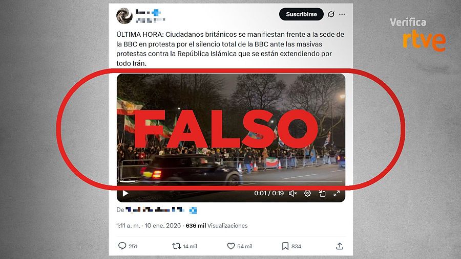 Mensaje que sitúa falsamente estas protestas frente a la sede de la BBC
