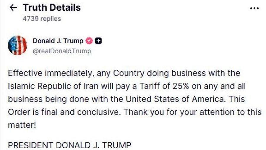 Trump anuncia en su red social aranceles del 25 % a cualquier país que comercie con Irán