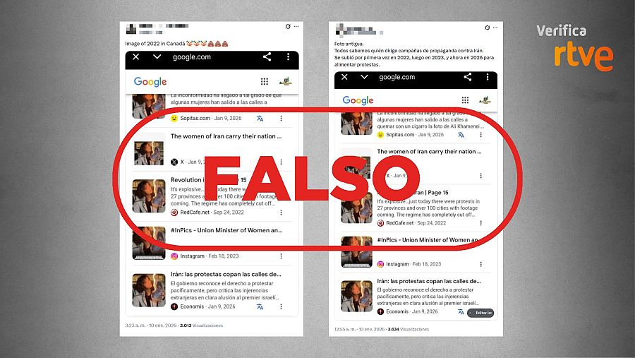 Mensajes de X que afirman que la imagen de la joven iraní es antigua