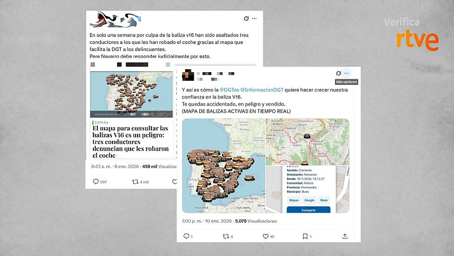 Mensajes que vinculan erróneamente el mapa de balizas difundido con la DGT