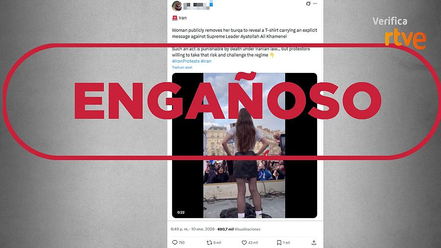 Mensaje que difunde un vídeo registrado en París como si fuera Irán