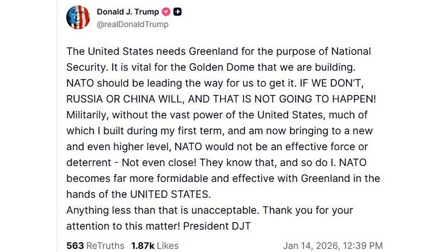 Post de Trump en la red social Truth Social sobre Groenlandia