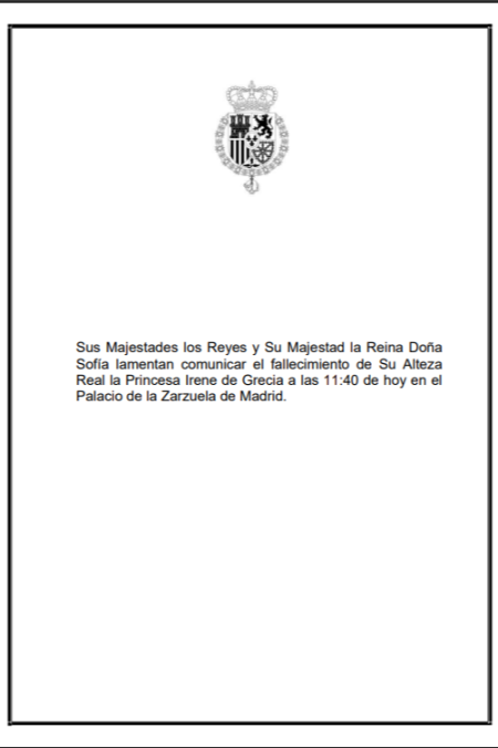 Comunicado del fallecimiento de la princesa Irene de Grecia