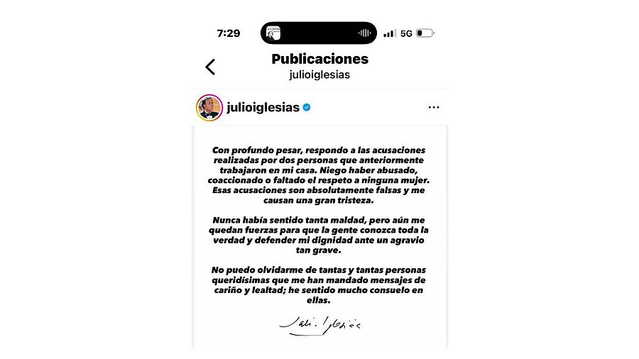 Julio Iglesias niega en Instagram los abusos sexuales de los que le acusan dos exempleadas