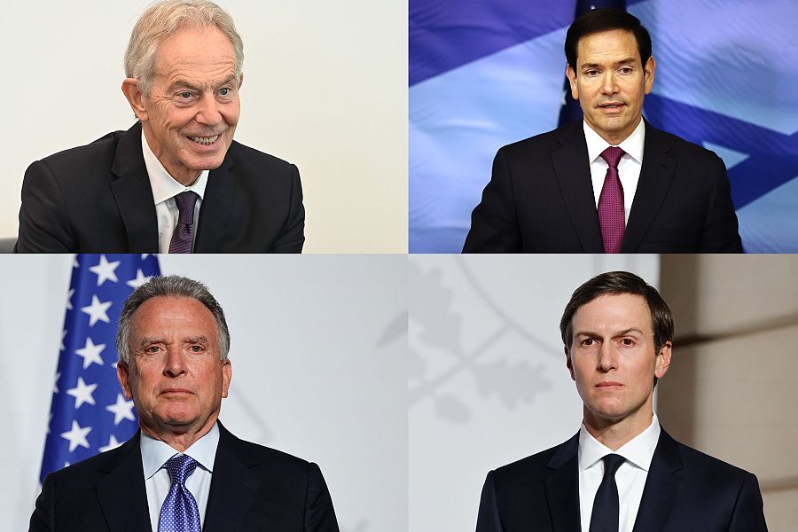 Fotografías de archivo del ex primer ministro británico Tony Blair, el secretario de Estado de los Estados Unidos, Marco Rubio, el emisario de la Casa Blanca, Steve Witkoff, y el yerno del presidente, Donald Trump, Jared Kushner.