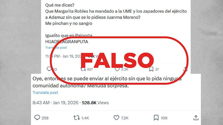 Mensajes que difunden la falsa idea de que el Ejército se ha desplegado en Adamuz sin petición previa