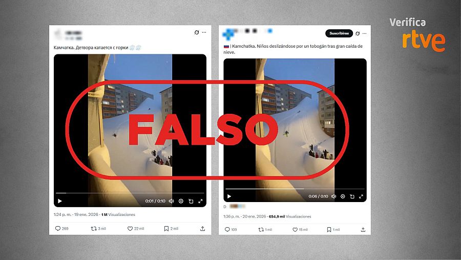 Mensajes de X que difunden como real el vídeo falso de un 'tobogán de nieve' en Kamchatka, Rusia