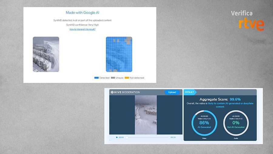 A la izquierda, análisis con Google SynthID realizado por Eurovision News Spotlight, a la derecha, resultado de la herramienta de detección de IA Hive Moderation