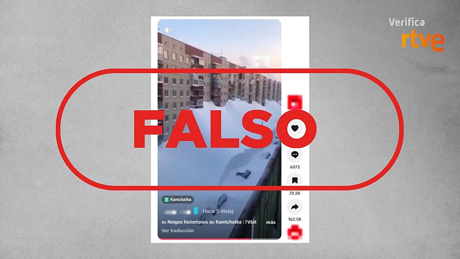 Mensaje de TikTok que difunde un vídeo falso creado con IA y lo atribuye a las nevadas de Kamchatka, Rusia