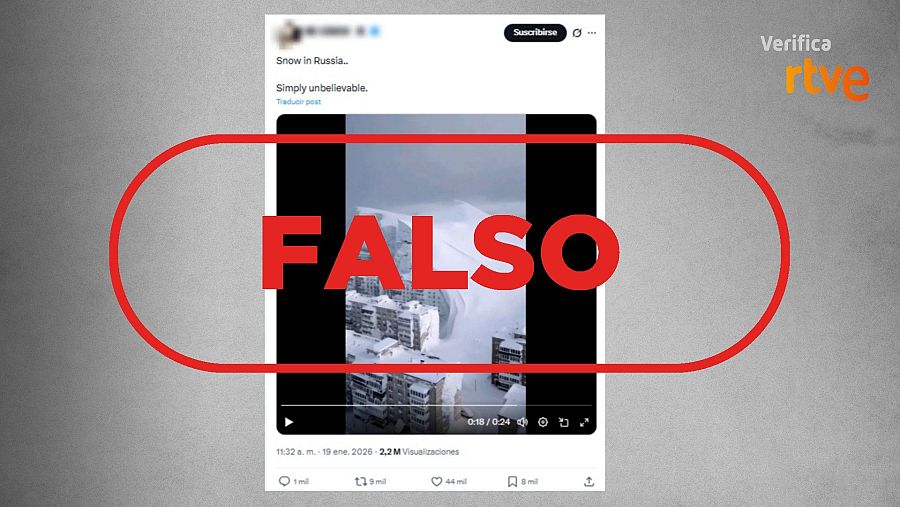 Mensaje que difunde como real el vídeo falso de una ola de nieve sobre unos edificios en Rusia