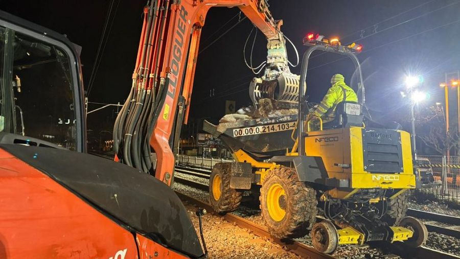 Operaris d'Adif treballen amb maquinària especialitzada en un tram de la xarxa de Rodalies