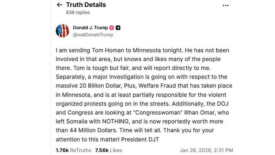 Trump informa de que envía a Tom Homan, 'zar' de la frontera, a Minnesota