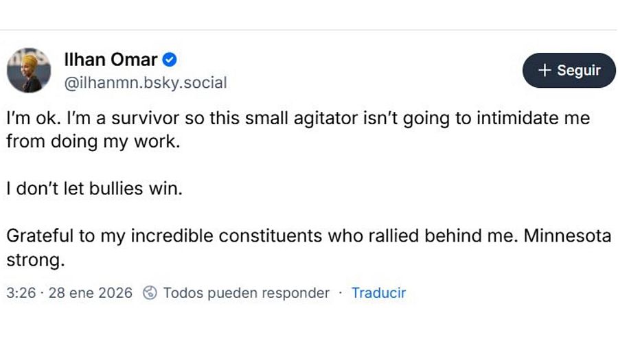 Mensaje en redes de Ilhan Omar, congresista demócrata de EE.UU. por Minnesota