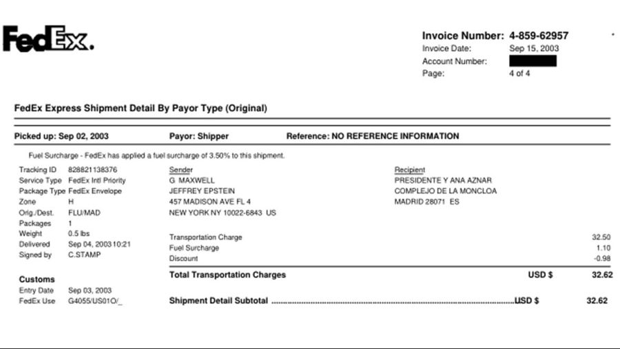 Primer envío de Epstein a Aznar