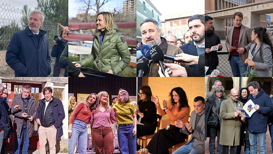 Los candidatos a la Presidencia de Aragón, en diferentes actos de campaña electoral este sábado.