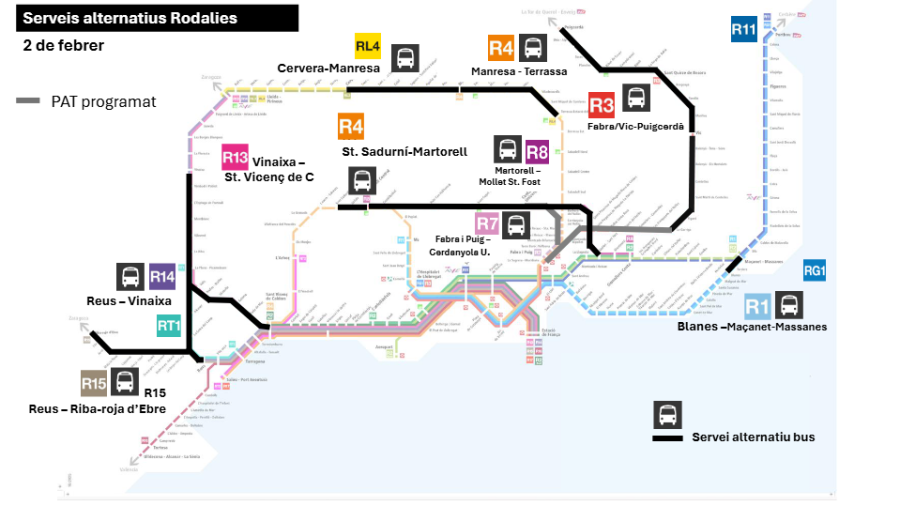 Mapa del servei alternatiu de Rodalies amb trams de tren i autobús