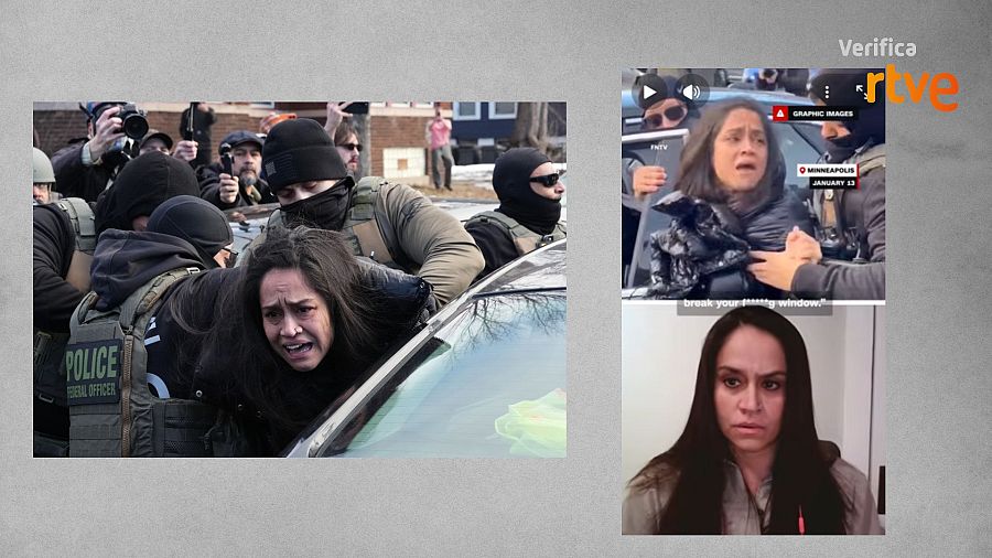 En la izquierda, fotografía de la detención de Aliya Rahman a manos del ICE en Mineápolis; en la derecha, instante de la entrevista concedida por Rahman a CNN tras ser detenida