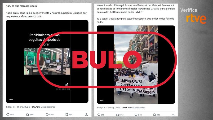 Mensajes que difunden vídeos descontextualizados para extender la narrativa desinformativa de que los migrantes se quedan con las ayudas