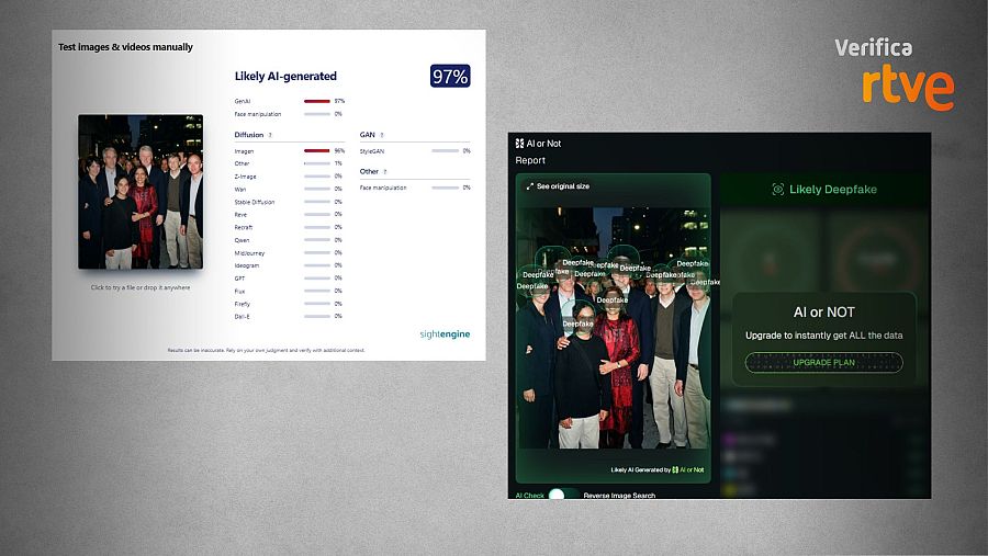 Resultados del análisis de SightEngine, a la izquierda, y de AI or Not, a la derecha