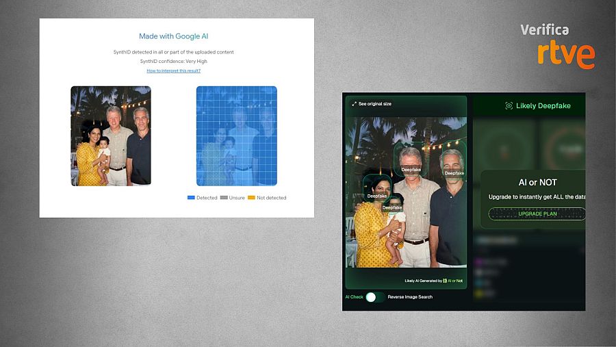 Resultados del análisis de Eurovision News Spotlight con Google SynthID, a la izquierda, y de AI or Not, a la derecha