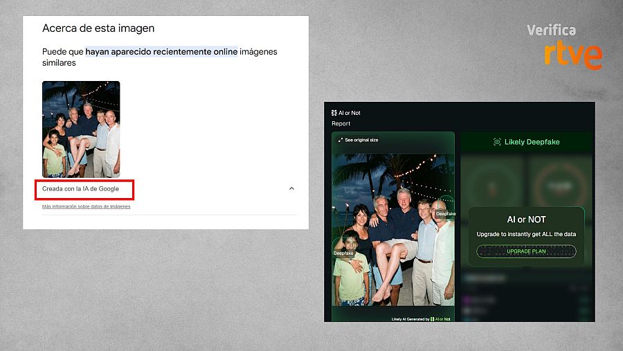 Resultados del análisis de Google en su apartado 'acerca de esta imagen', a la izquierda, y de AI or Not, a la derecha
