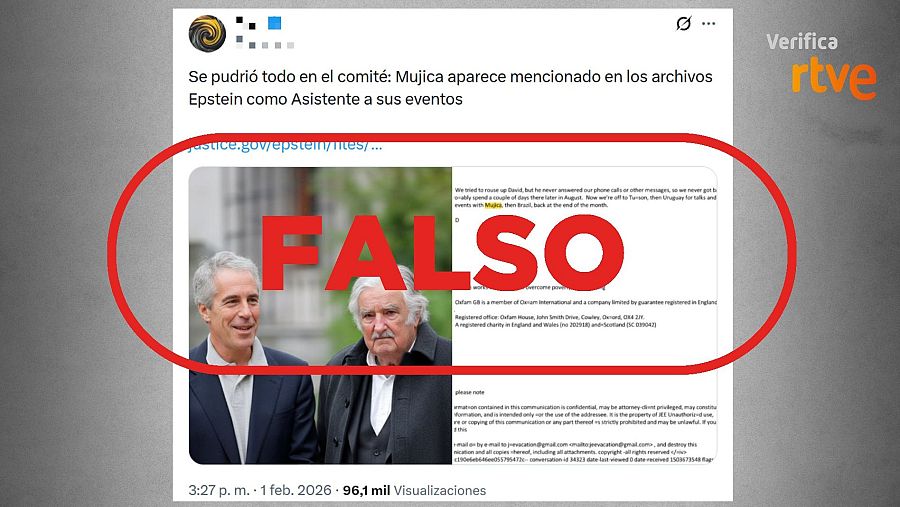 Mensaje que difunde la falsa idea de que Mujica aparece como asistente a eventos de Epstein en los archivos