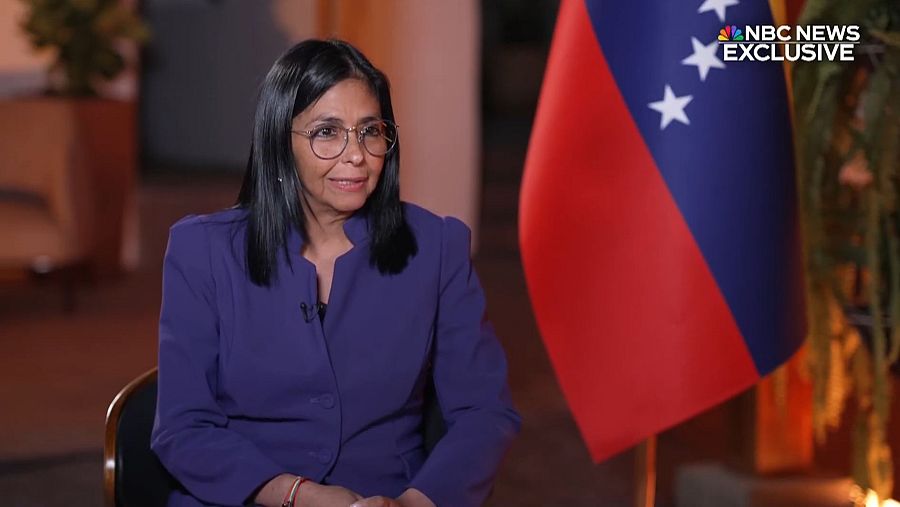 La presidenta encargada de Venezuela, Delcy Rodríguez, durante la entrevista con la cadena estadounidense NBC en Caracas (Venezuela)