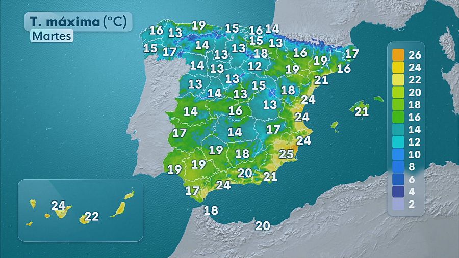 Las temperaturas máximas descenderán en el Nordeste de Cataluña, mientras que en el resto de España predominarán los ascensos.