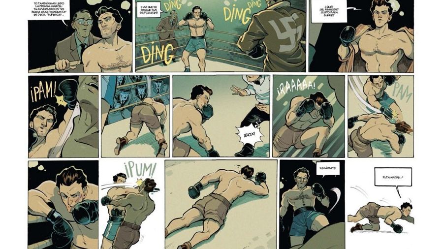 En las viñetas de un cómic, se representa una pelea de boxeo con un boxeador en acción, incluyendo golpes, defensa y una caída. Los efectos de sonido enfatizan la acción, con un estilo artístico dinámico y colores vivos.