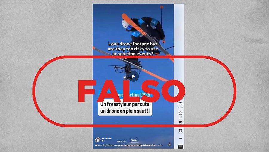 Vídeo de un esquiador que choca con un dron que no es real