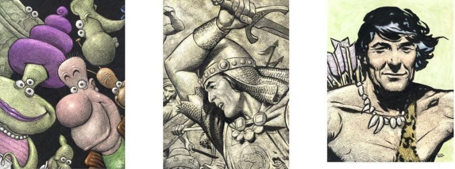 La imagen contiene tres ilustraciones de cómics: Goomer, un personaje rosa con grandes ojos; el Príncipe Valiente en una escena de batalla con espada; y Tarzán con arco y flechas.