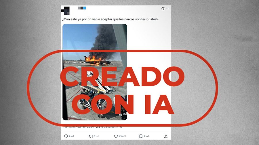 Mensaje que difunde una foto hecha con IA de un avión incendiado