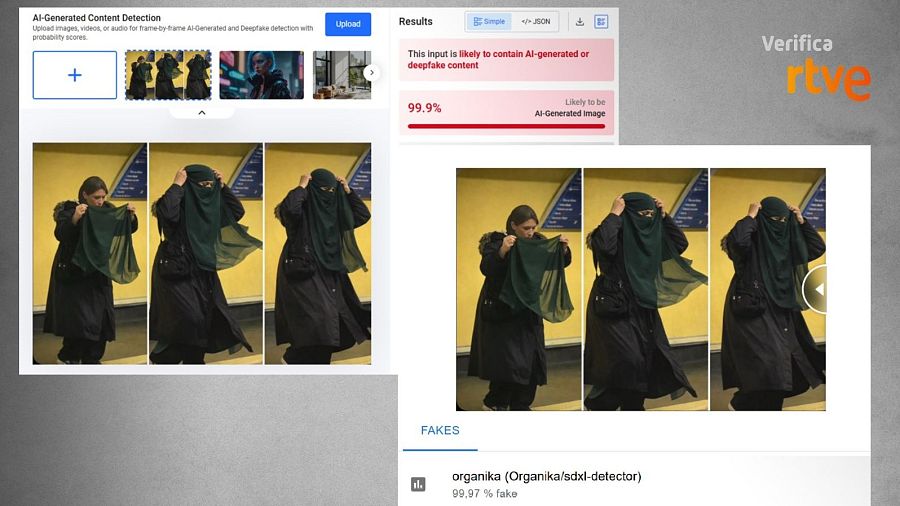 Resultados de Hive y de Iveres sobre esta foto generada con IA. VerificaRTVE