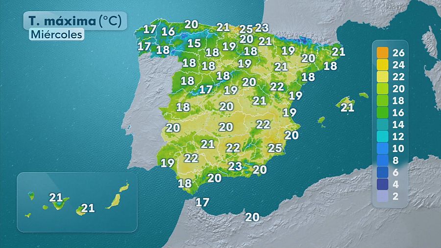 Temperaturas máximas para el miércoles, 25 de febrero