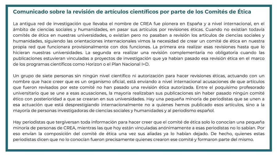 Comunicado de exmiembros de CREA sobre el comité de ética irregular.