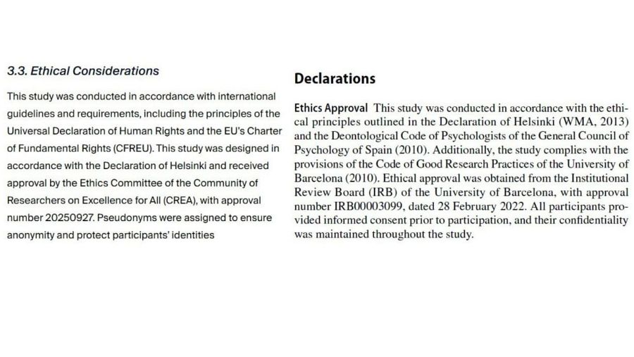 A la izquierda, una aprobación de ética de CREA; a la derecha una del comité de bioética de Barcelona.