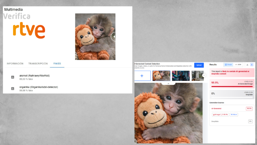 Resultados que ofrecen las herramientas de detección de IA Iveres y Hive Moderation