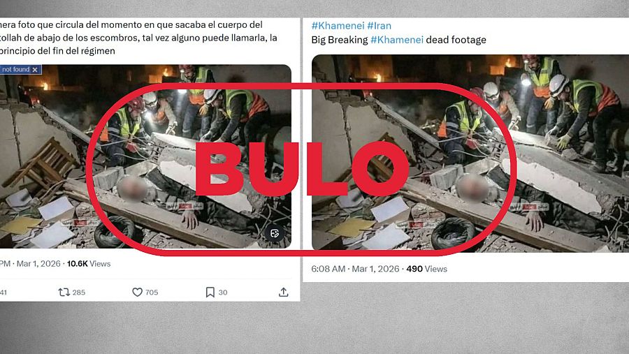 Esta foto de un ayatolá entre los escombros es falsa