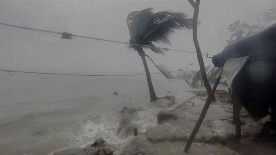 Una costa es azotada por un ciclón, con olas violentas y palmeras inclinadas. Se aprecia una estructura precaria y postes de electricidad, en un ambiente de cielo cubierto y visibilidad reducida.