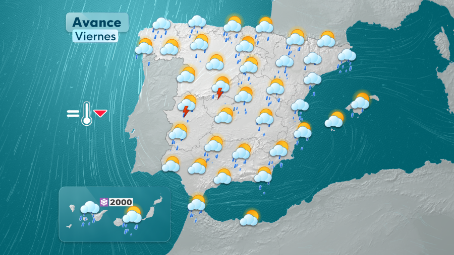 De cara al viernes, es probable que continúen las lluvias generalizadas en la península y Baleares.