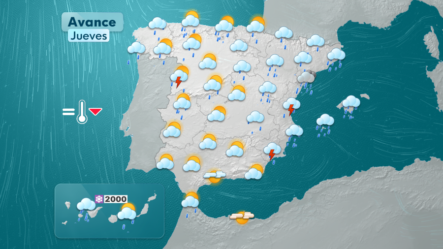 El jueves se esperan  se esperan lluvias más generalizadas en la mitad este peninsular y Baleares.