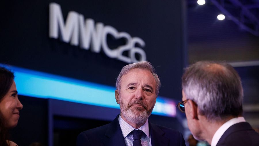 El presidente de Aragón en funciones, Jorge Azcón, durante la jornada inaugural de la vigésima edición del Mobile World Congress (MWC) en Barcelona.