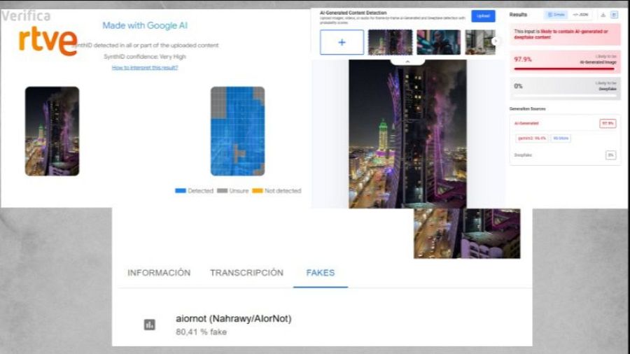Resultados de Hive, Iveres y Google SynthID sobre esta imagen generada con IA