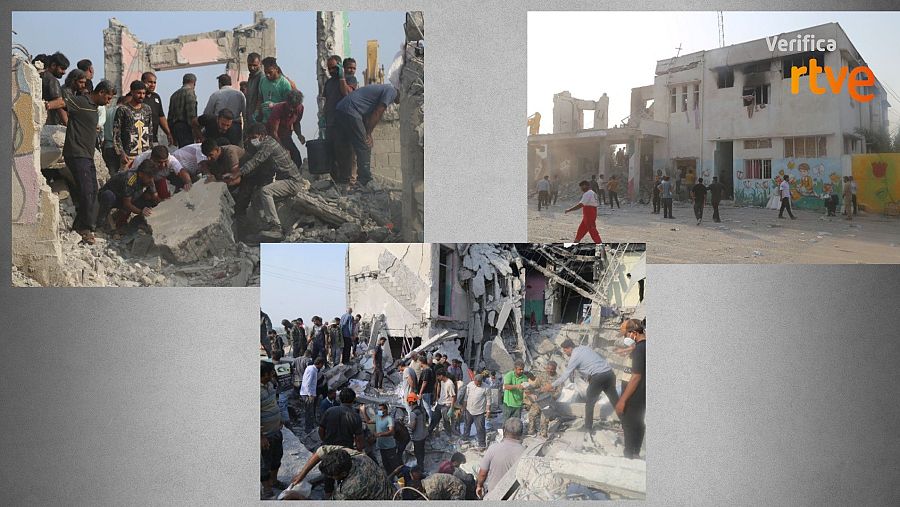 Imágenes de la escuela bombardeada distribuidas por las agencias AFP, Reuters y Wana