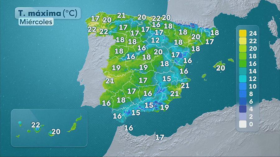 Mapa del tiempo de España con las temperaturas máximas previstas para el 4 de marzo de 2026. La mitad sureste de la península marcada por descenso de temperaturas y precipitaciones con fuertes rachas de viento.