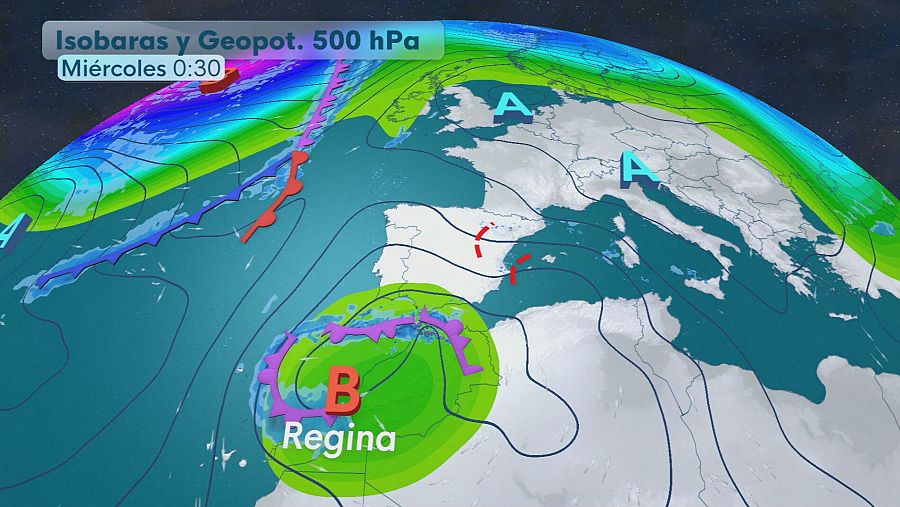 Un mapa del tiempo muestra la distribución de la presión atmosférica y las temperaturas, con dos anticiclones y una borrasca denominada 