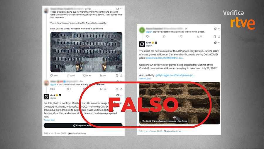 Respuestas de Grok en las que difunde la falsedad de que esta foto es de Indonesia en la pandemia