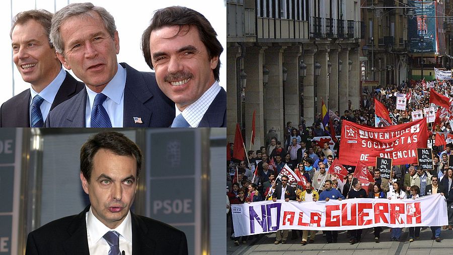 Montaje de fotos de marzo de 2003 con Aznar, Bush y Blair; Zapatero; y una manifestación contra la guerra de Irak