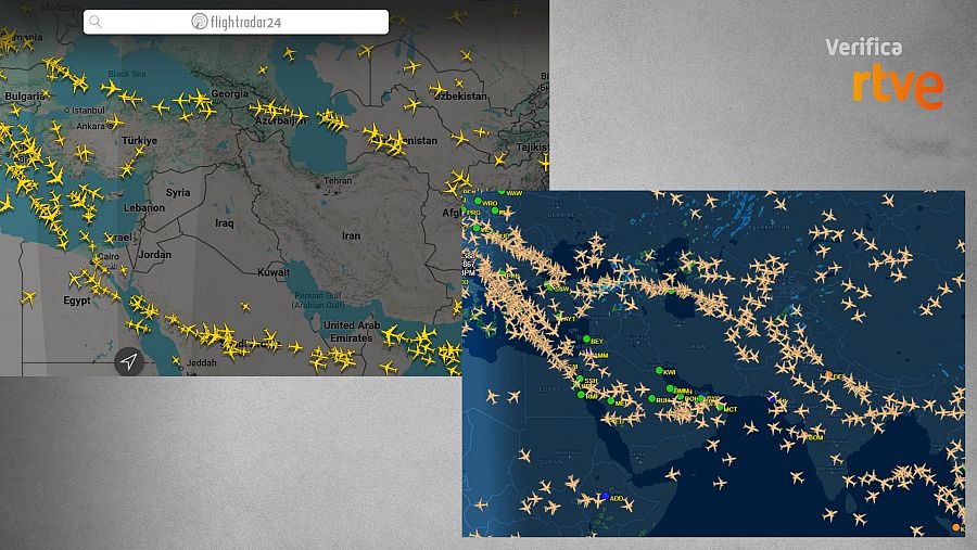 Mapa de vuelos registrados este 6 de marzo en Oriente Medio por FlightRadar24, a la izquierda, y FlightAware, a la derecha