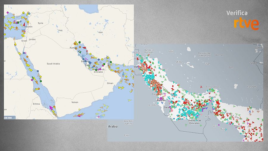 Capturas de Vessel Finder y de Marine Traffic sobre la situación en el Estrecho de Ormuz